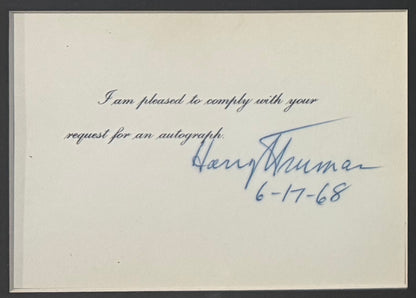 Harry S. Truman, 33rd, American President, Hand Signed Card Presentation & COA