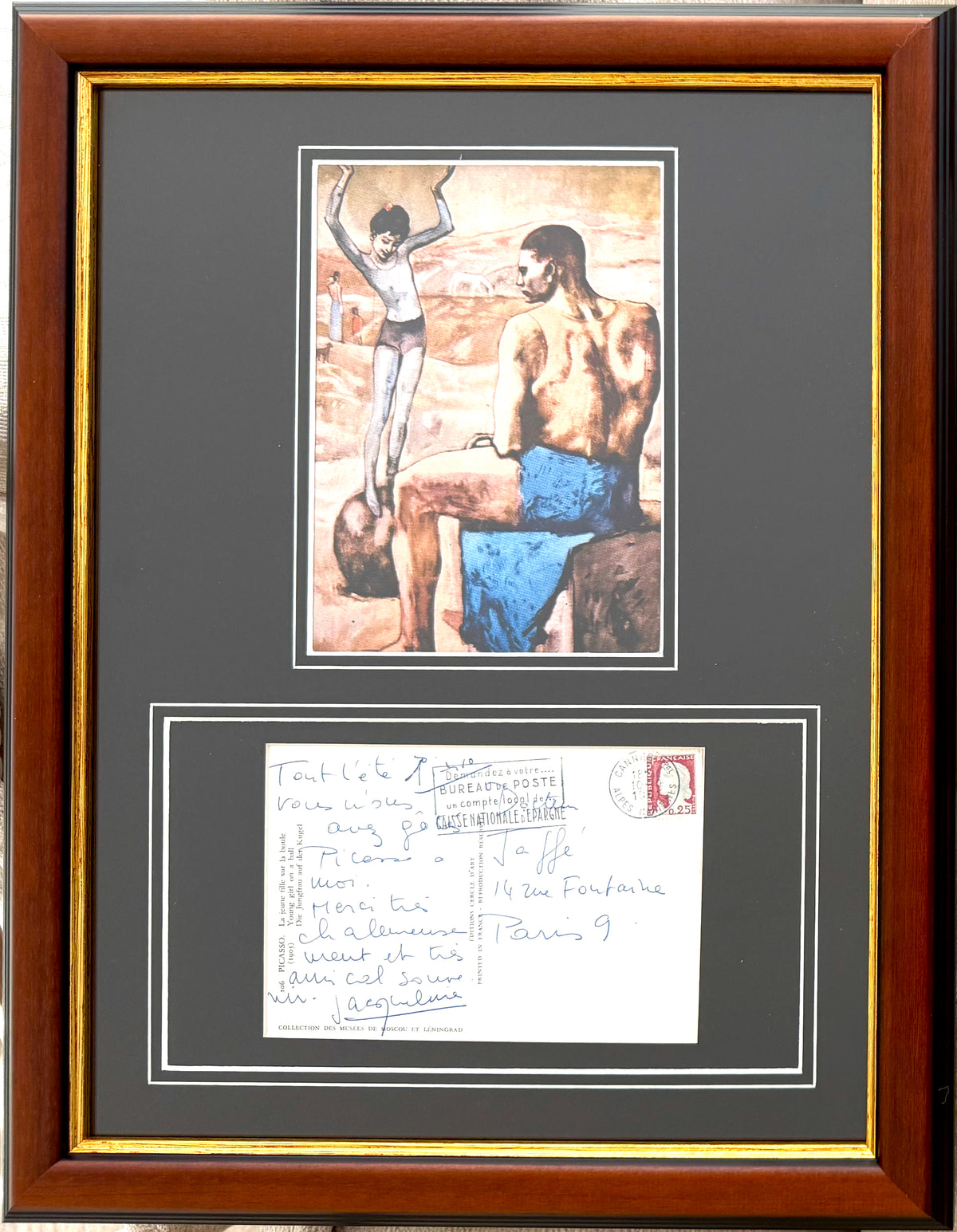 Pablo Picasso Hand Signed Jaqueline Roque Hand Written Framed Postcard & COA