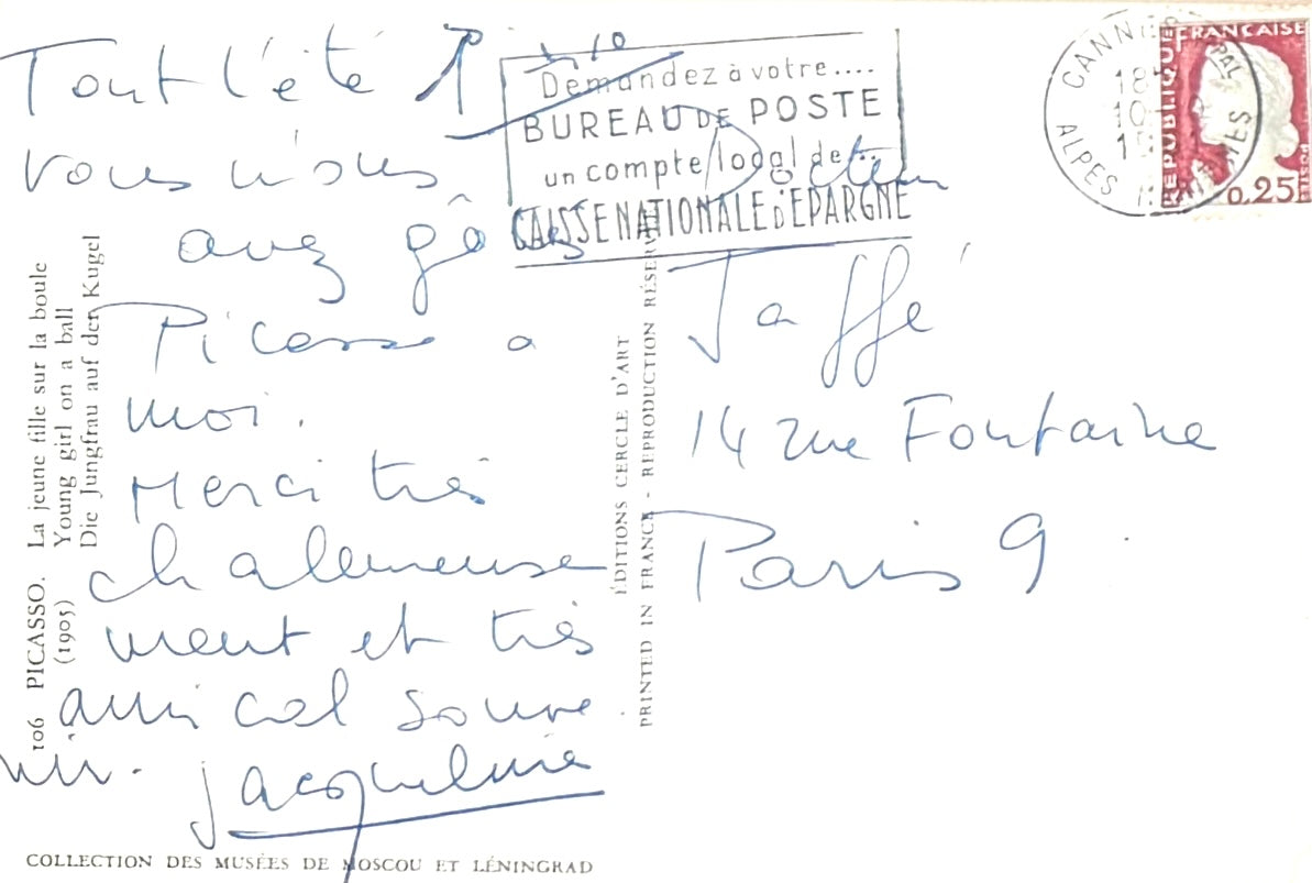 Pablo Picasso Hand Signed Jaqueline Roque Hand Written Framed Postcard & COA