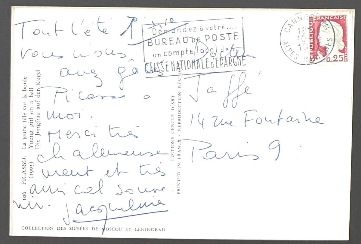 Pablo Picasso Hand Signed Jaqueline Roque Hand Written Framed Postcard & COA