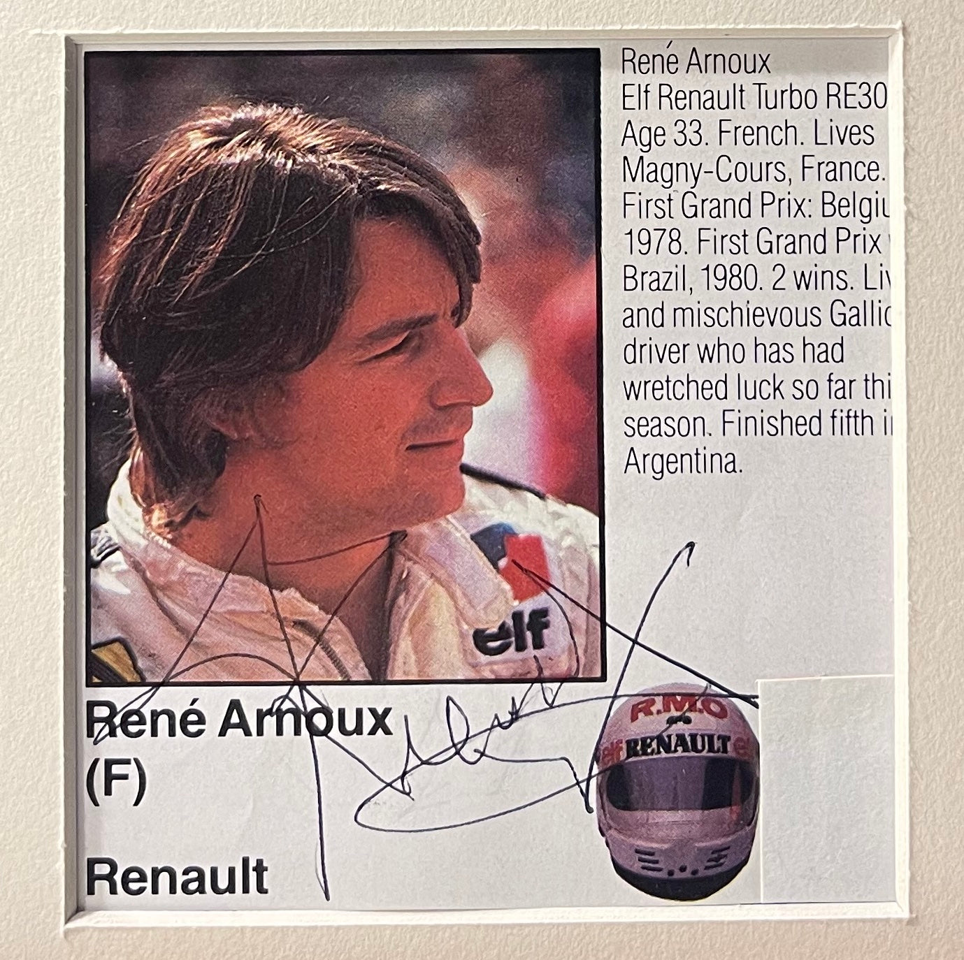 RENE ARNOUX FORMULA 1 HAND SIGNED MAGAZINE PHOTO PRESENTATION WITH COA