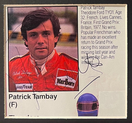 PATRICK TAMBAY FORMULA 1 HAND SIGNED MAGAZINE PHOTO PRESENTATION WITH COA