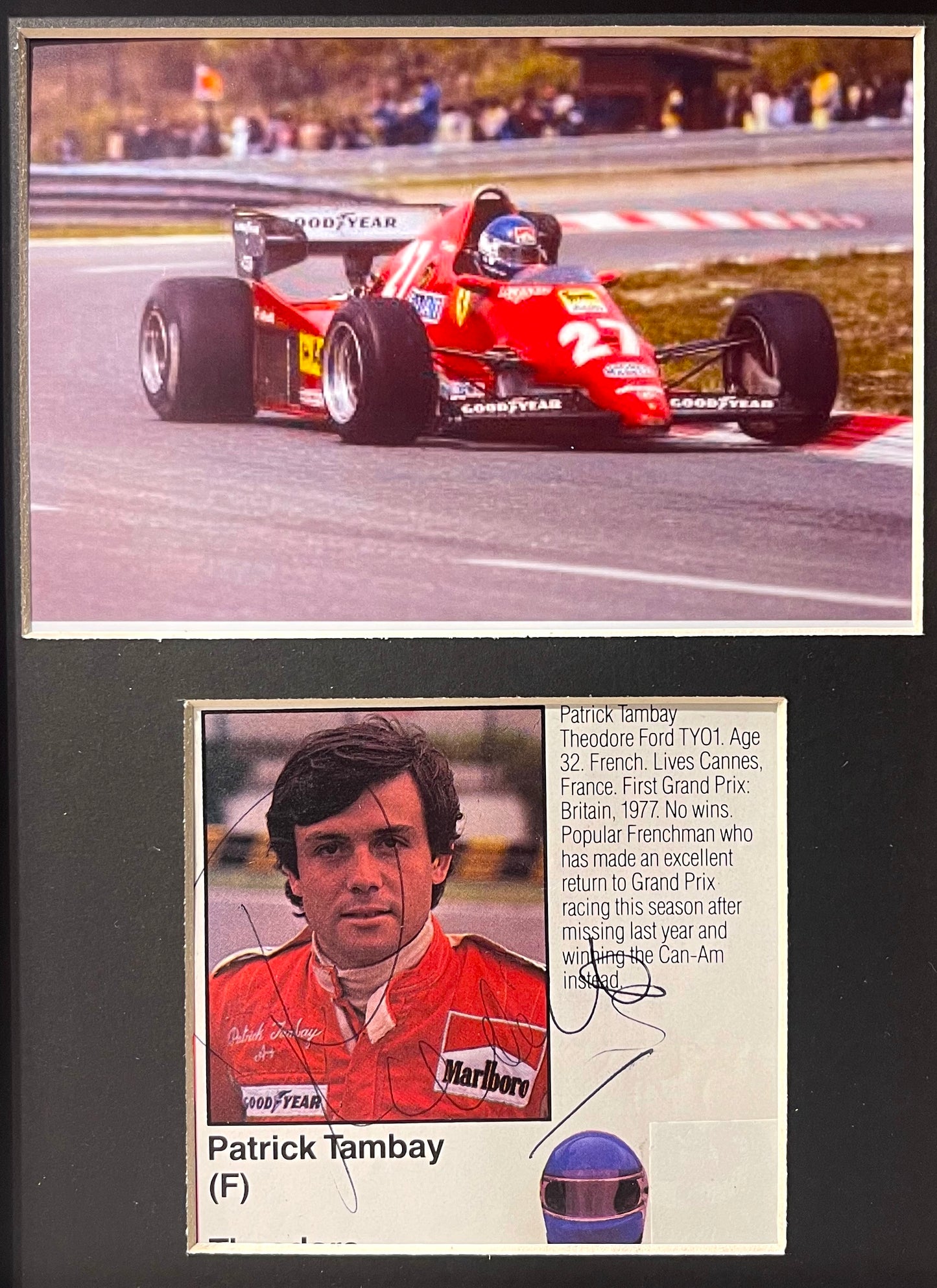 PATRICK TAMBAY FORMULA 1 HAND SIGNED MAGAZINE PHOTO PRESENTATION WITH COA