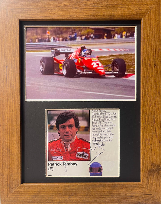 PATRICK TAMBAY FORMULA 1 HAND SIGNED MAGAZINE PHOTO PRESENTATION WITH COA