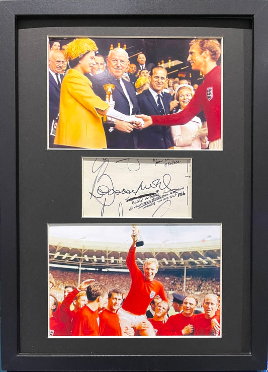 BOBBY MOORE HAND SIGNED ENGLAND PRESENTATION WITH AFTAL COA