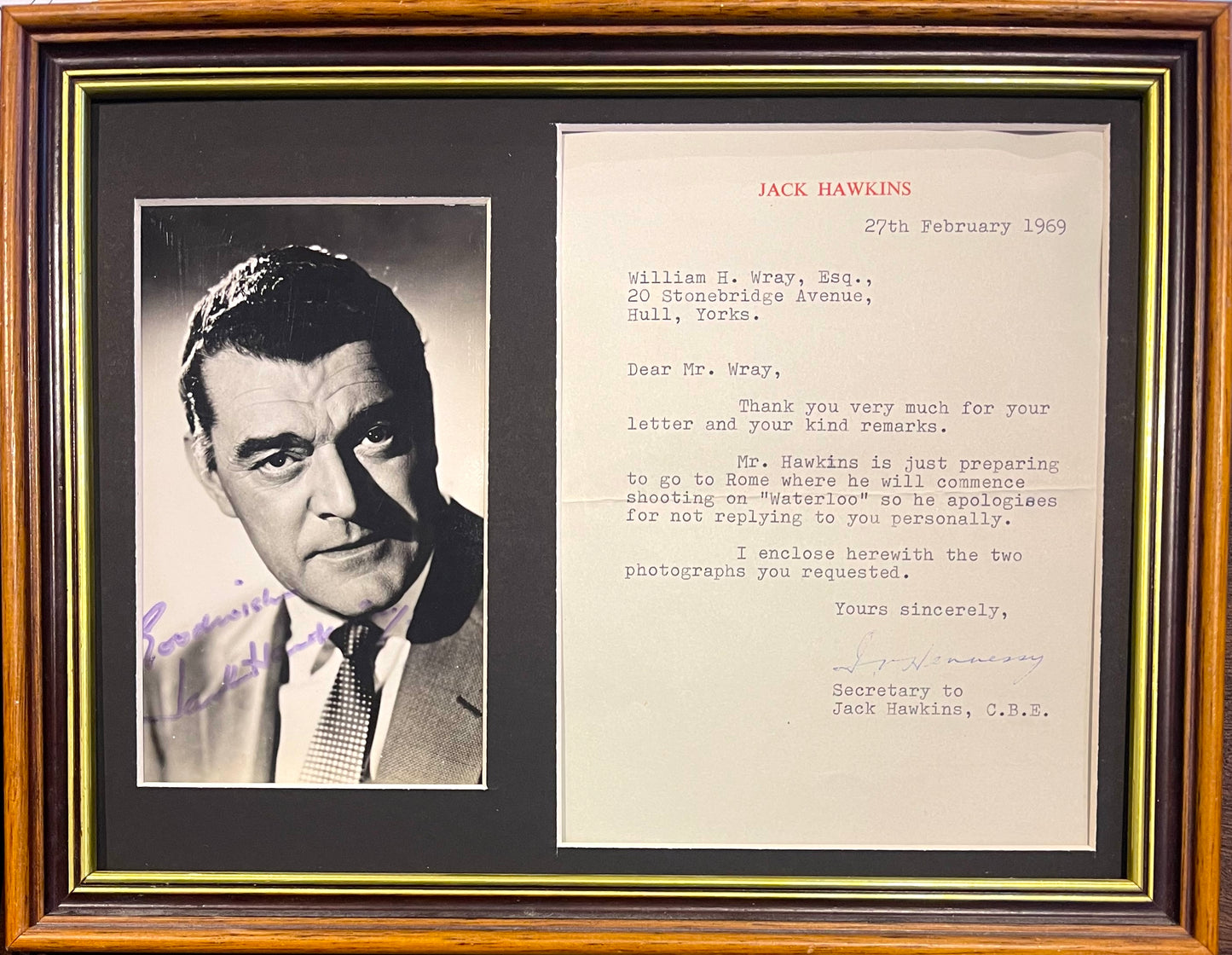 JACK HAWKINS HAND SIGNED PHOTO WITH AFTAL COA