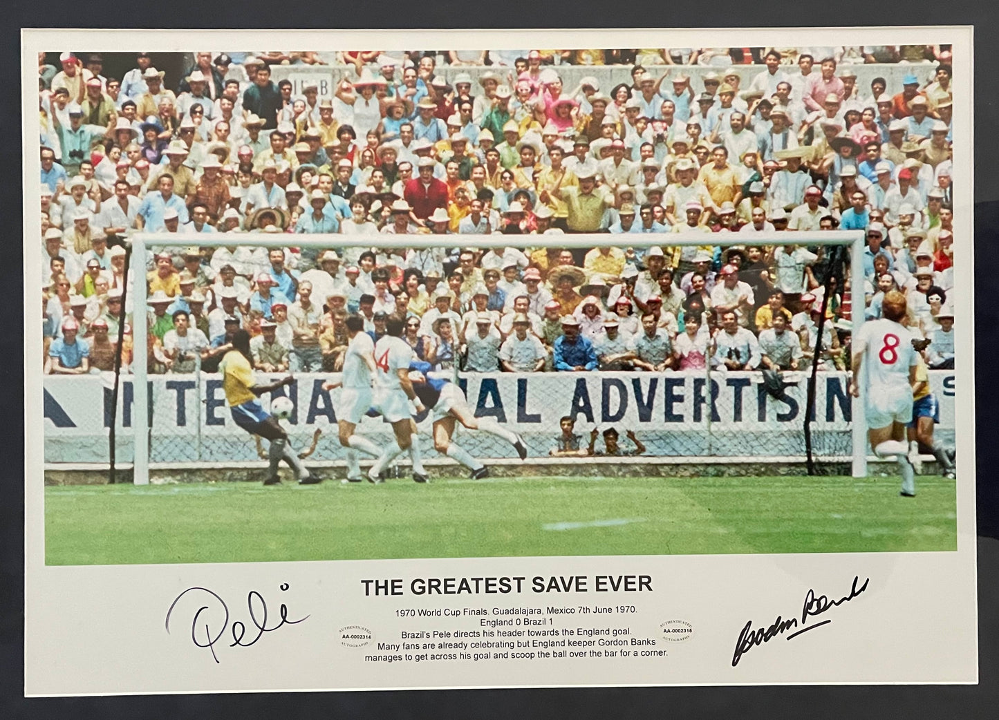 PELE and Gordon Banks Hand Signed Large Framed 78cm x 58cm Photo With COA