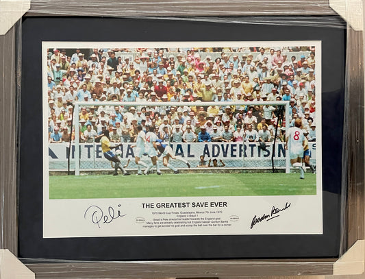 PELE and Gordon Banks Hand Signed Large Framed 78cm x 58cm Photo With COA