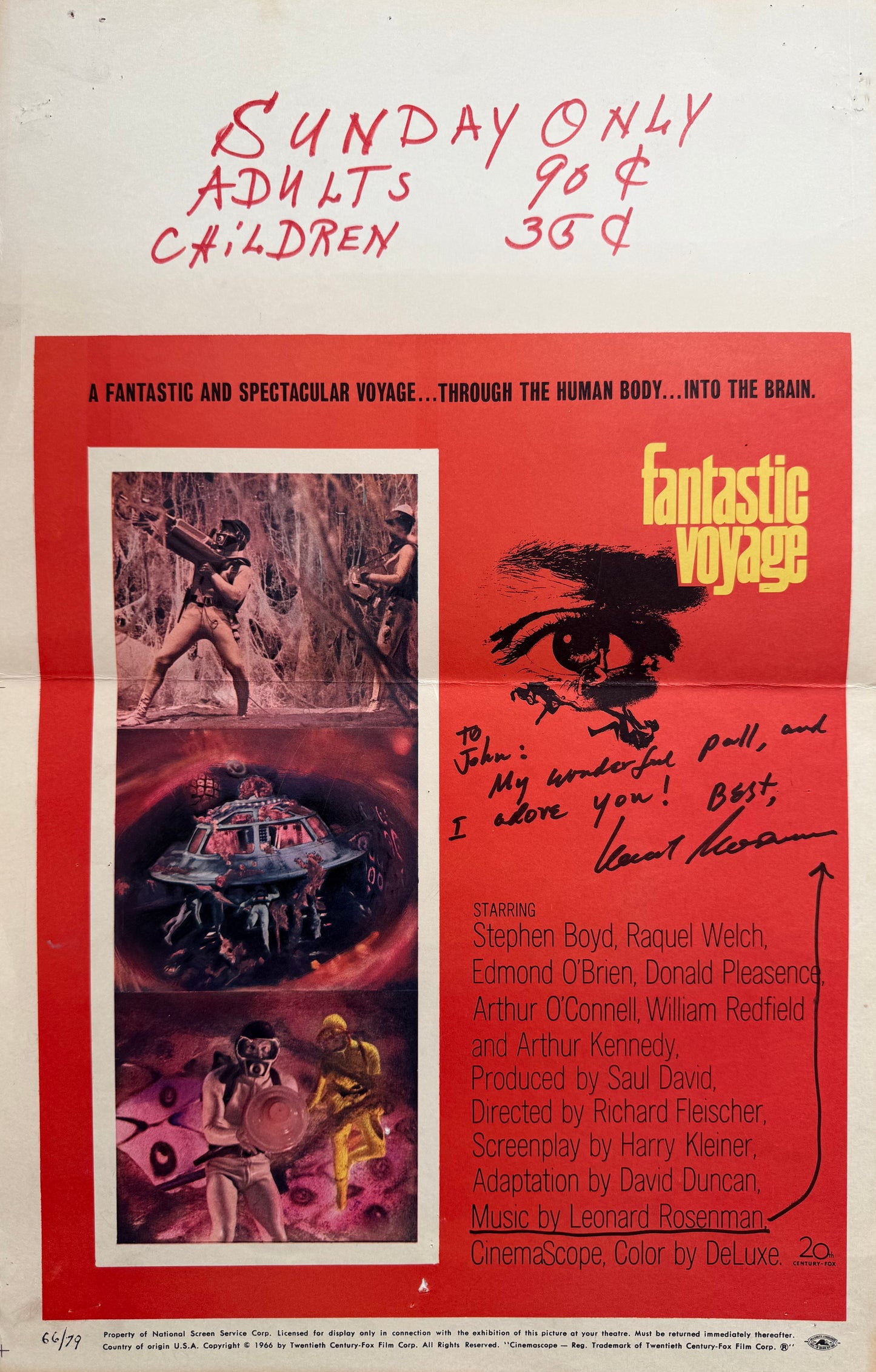 Fantastic Voyage Original 1966 20th Century Fox Film Poster Hand Signed By Len Rosenman & COA