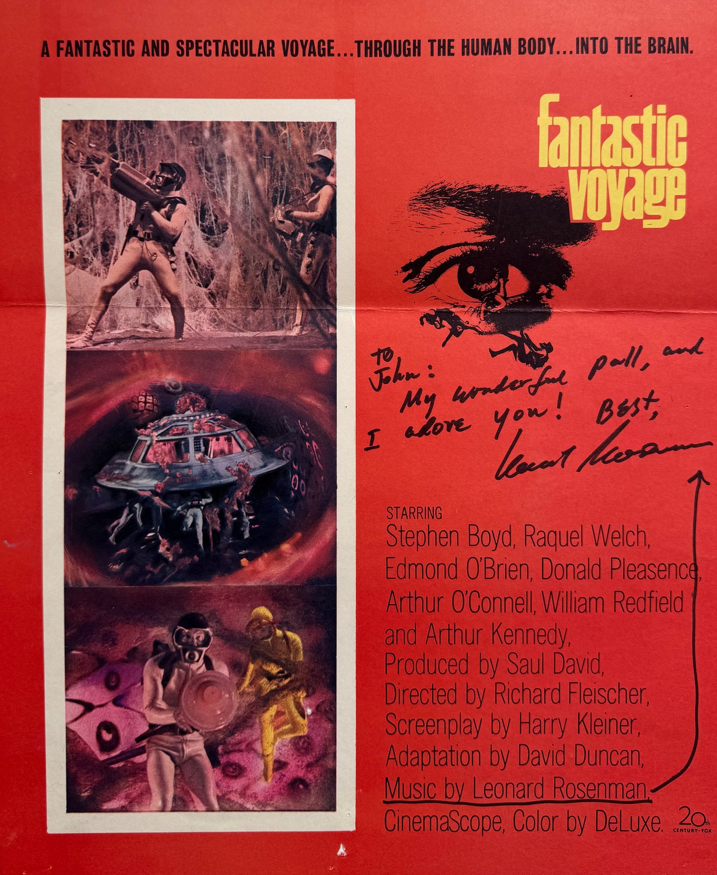 Fantastic Voyage Original 1966 20th Century Fox Film Poster Hand Signed By Len Rosenman & COA