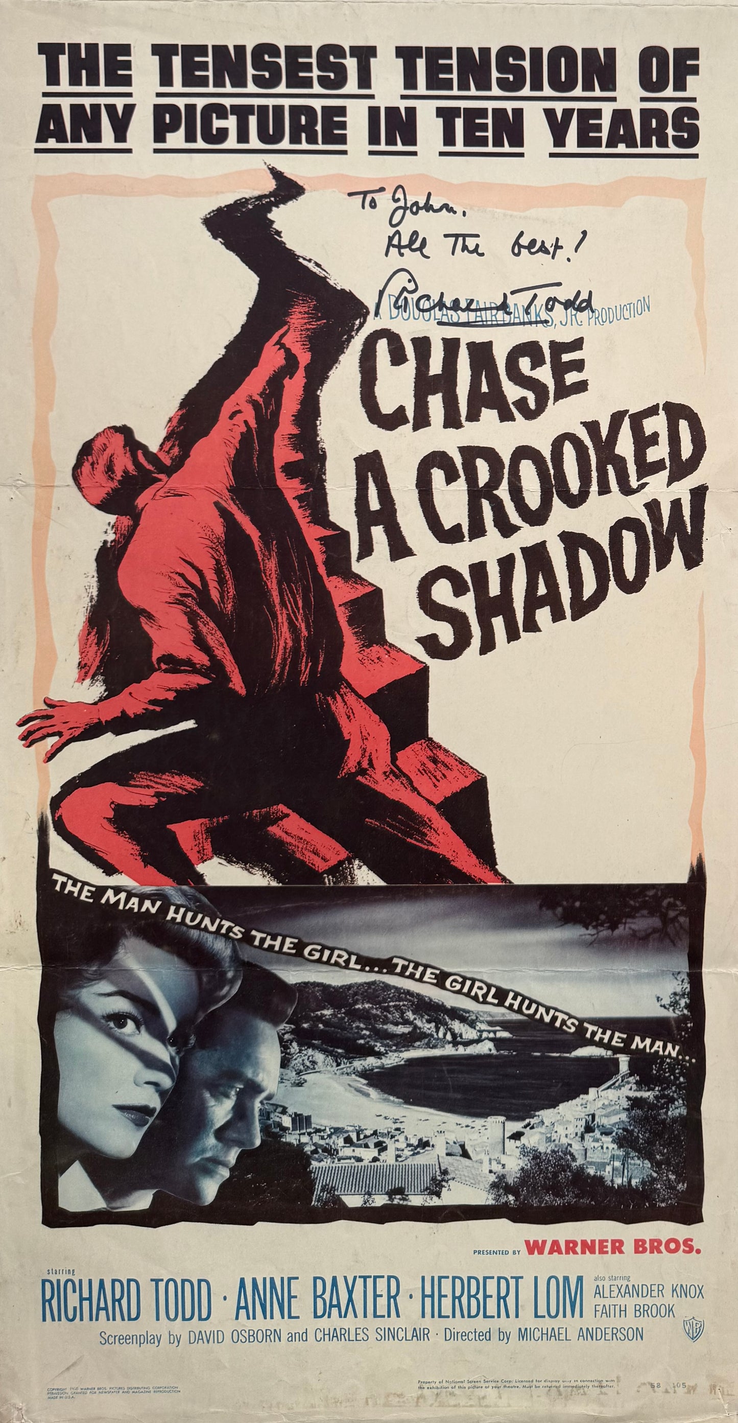 Chase A Crooked Shadow Original 1958 Film Poster Hand Signed By Richard Todd & COA