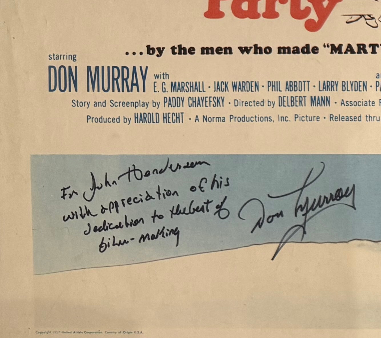 The Bachelor Party, Original United Artists 1957 Don Murray Hand Signed Film Poster & COA