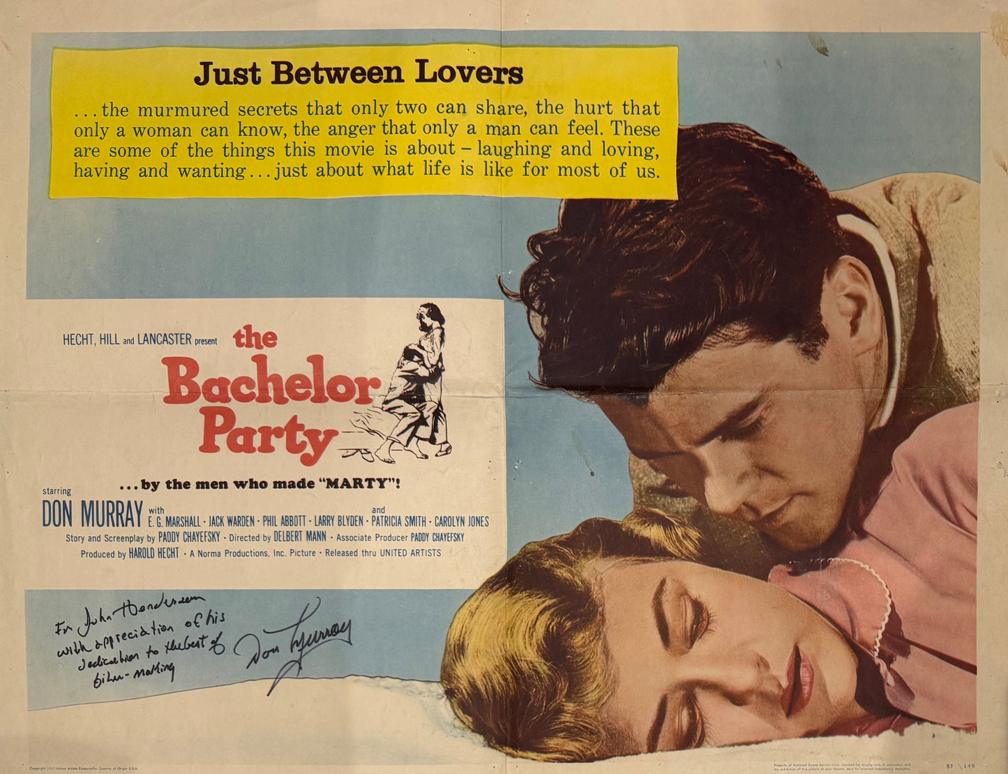 The Bachelor Party, Original United Artists 1957 Don Murray Hand Signed Film Poster & COA