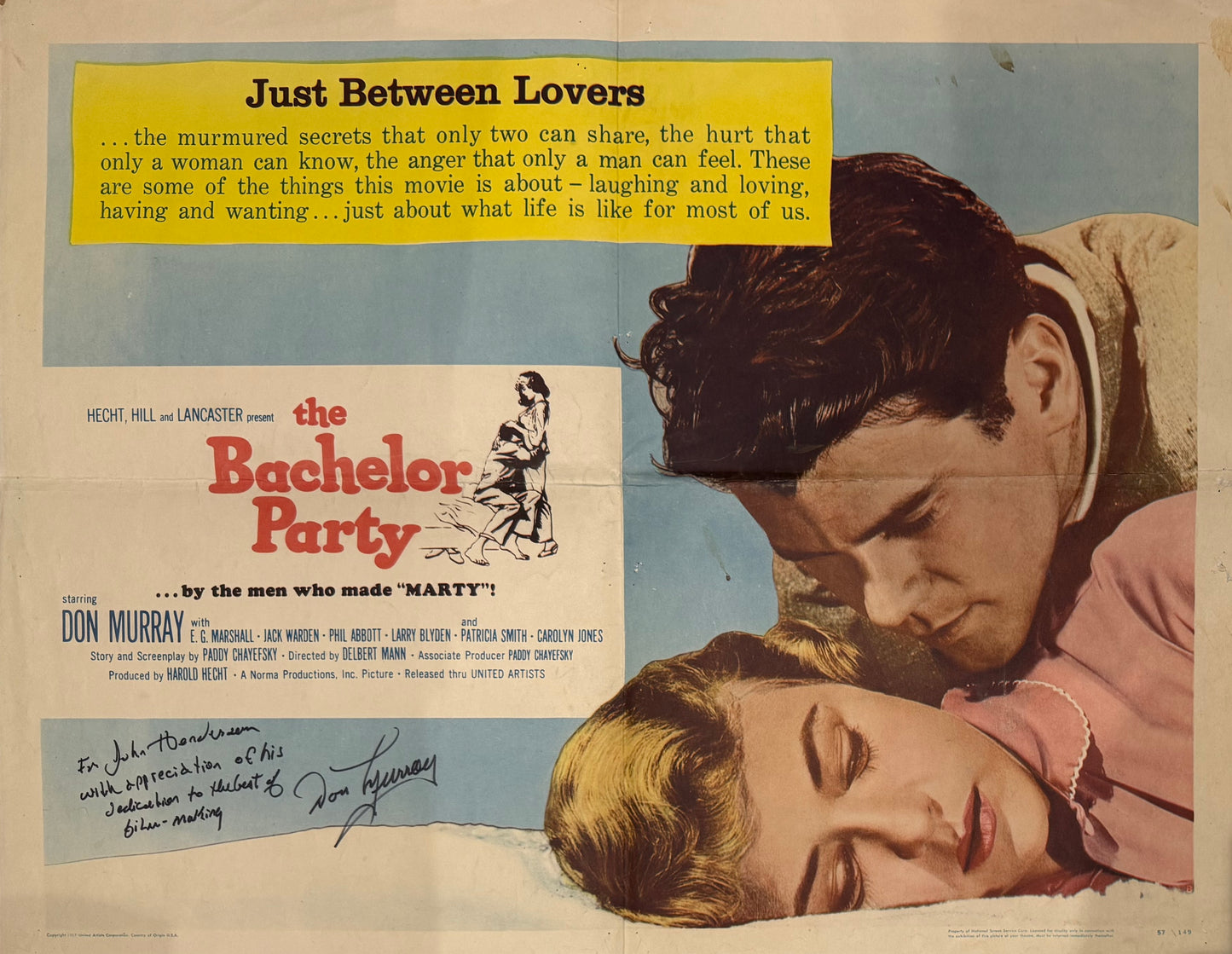 The Bachelor Party, Original United Artists 1957 Don Murray Hand Signed Film Poster & COA