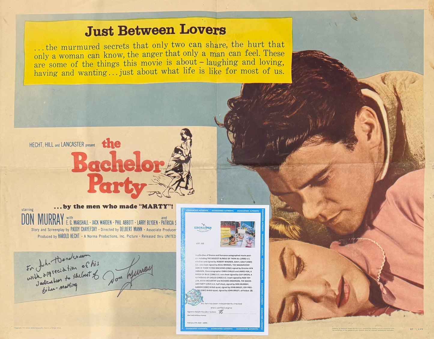 The Bachelor Party, Original United Artists 1957 Don Murray Hand Signed Film Poster & COA