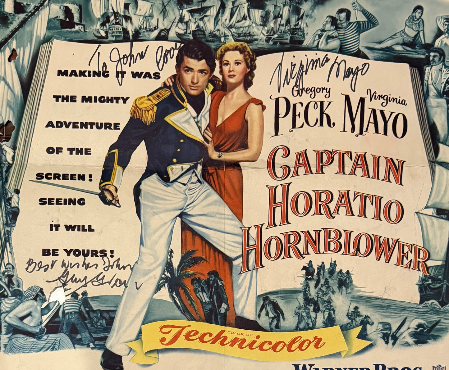 Captain Horatio Hornblower, Original 1951 Warner Bros. Film Poster Hand Signed By Virginia Mayo, Guy Green, & COA