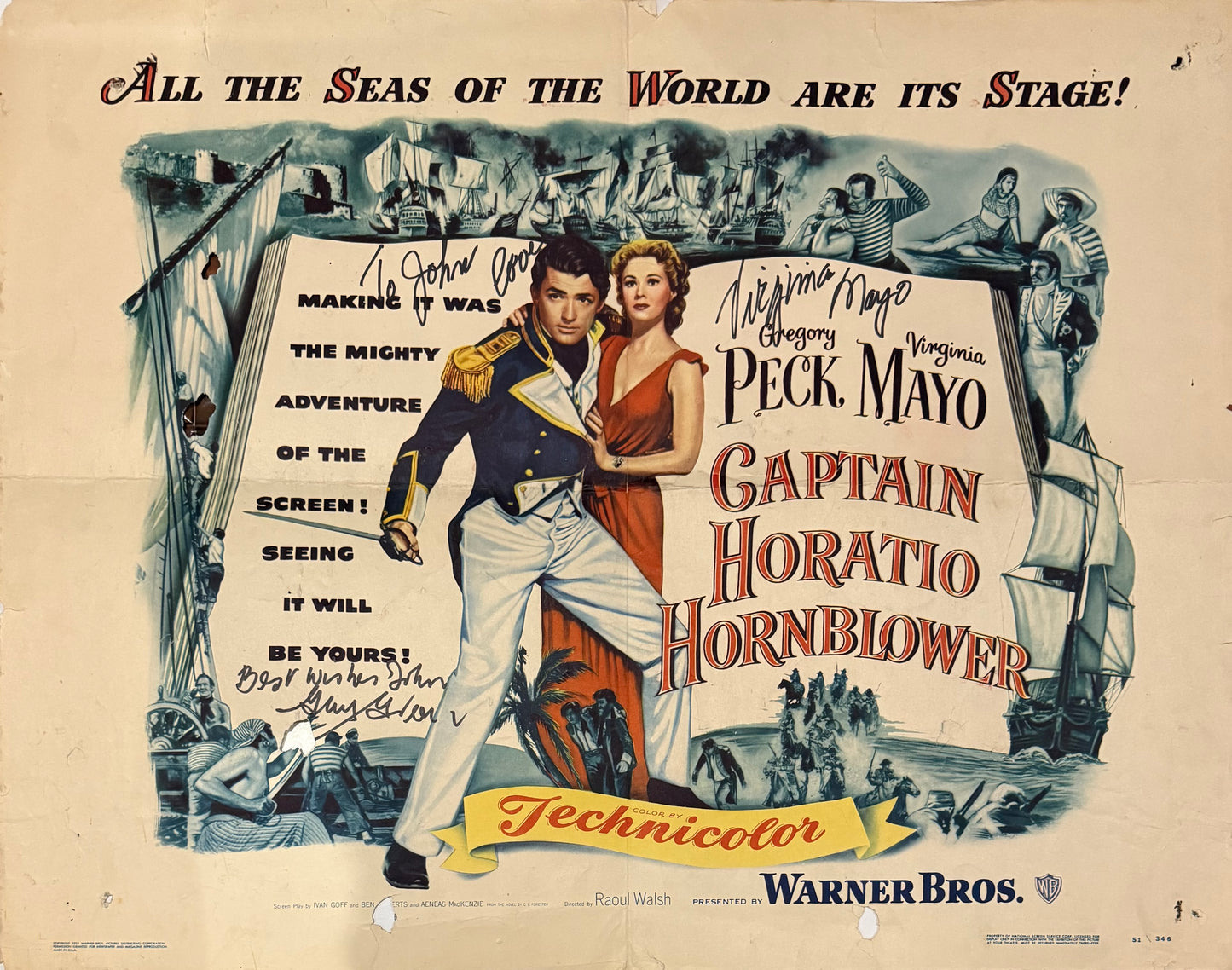 Captain Horatio Hornblower, Original 1951 Warner Bros. Film Poster Hand Signed By Virginia Mayo, Guy Green, & COA