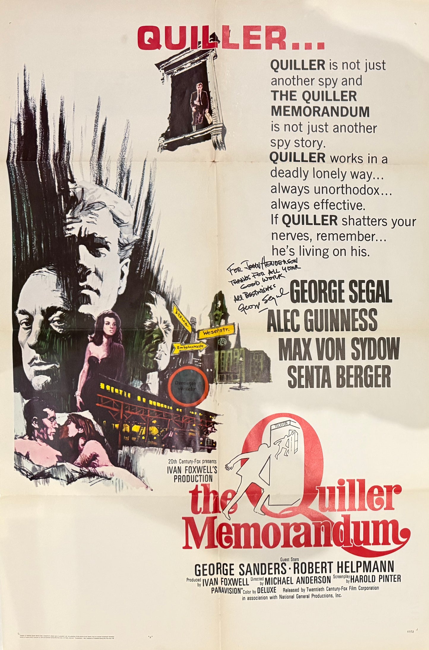 The Quiller Memorandum, Original Cinema Film Poster Hand Signed By George Segal With COA