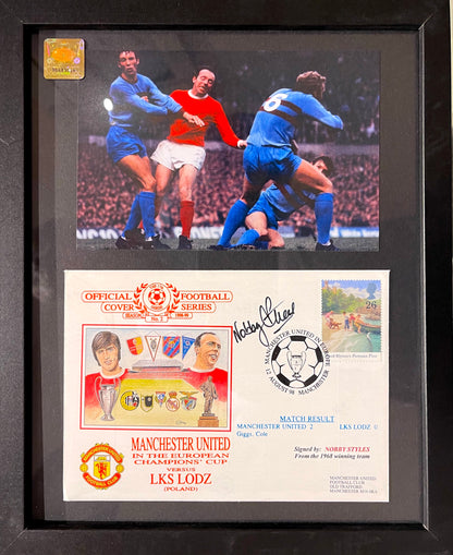 NOBBY STILES HAND SIGNED FIRST DAY COVER, FRAMED WITH COA