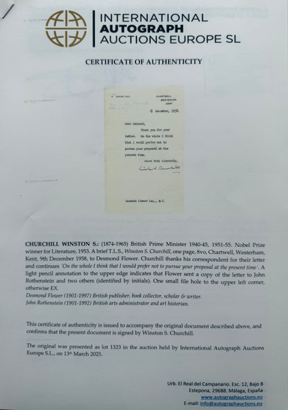Sir Winston Churchill, Former British Prime Minister, Hand Signed Letter With COA