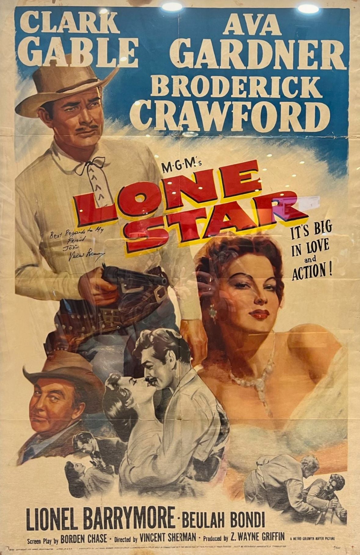 'LONE STAR' HAND SIGNED BY DIRECTOR VINCENT SHERMAN ORIGINAL CINEMA POSTER WITH COA