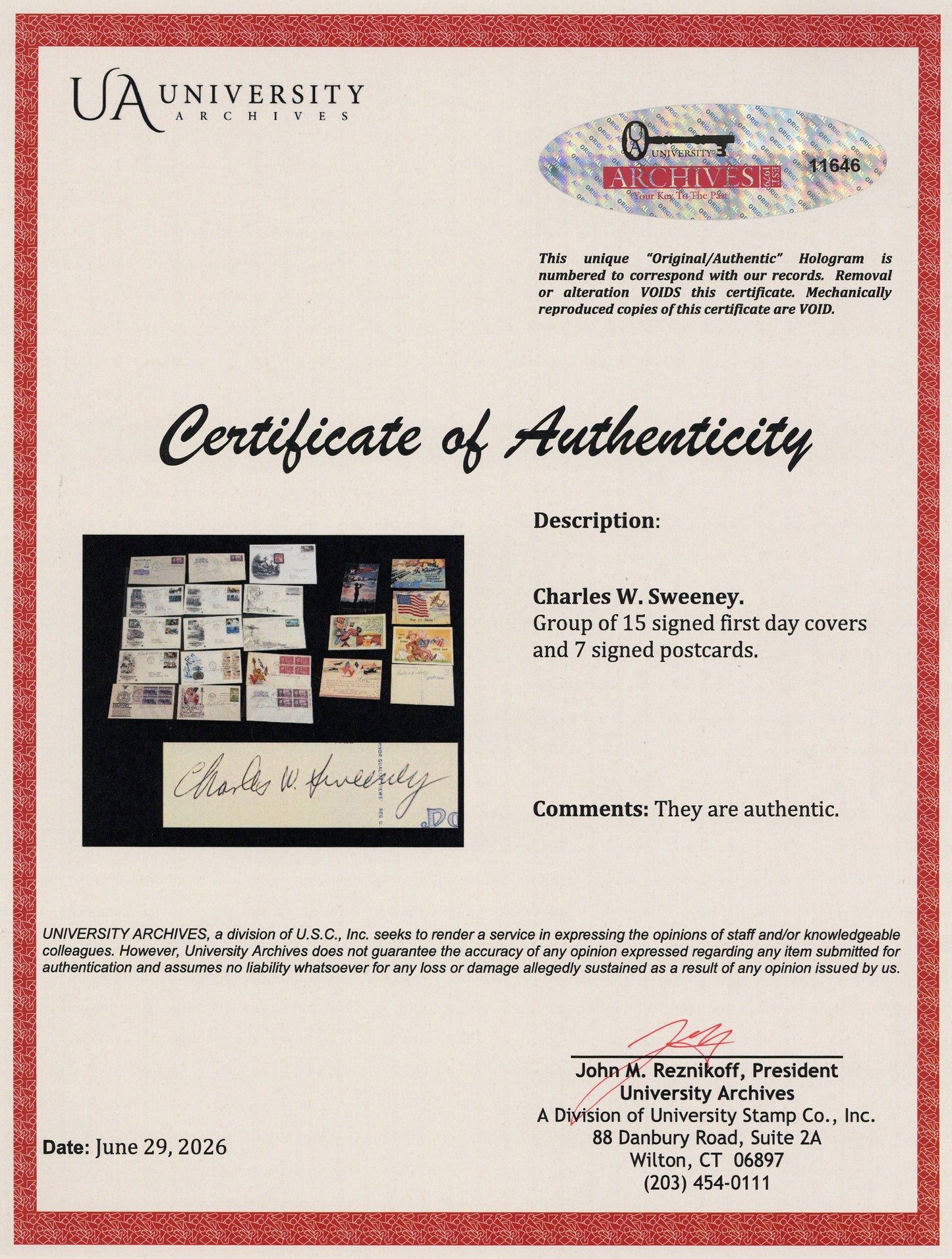 Charles Sweeney, Bockscar Nagasaki Atomic Bomb Pilot, Hand Signed Postcard & John Reznikoff COA