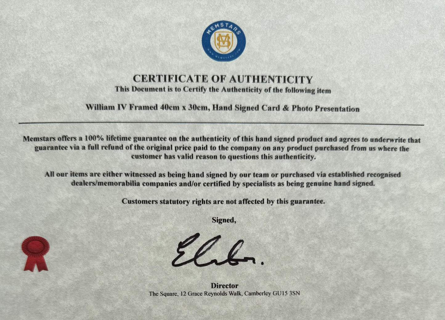 King William IV Of United Kingdom And Ireland, Hand Signed Card With COA