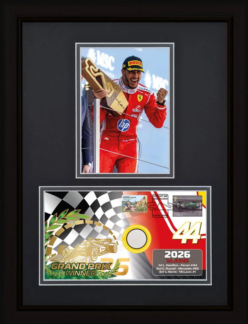 Lewis Hamilton, F1 Legend, Spanish Ferrari Victory, Encapsulated Race Worn Relic, Framed First Day Cover