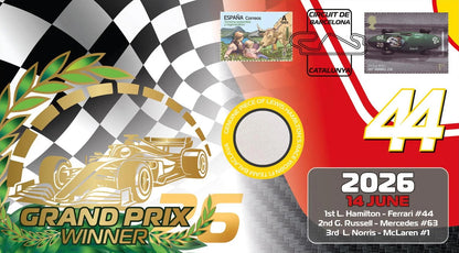 Lewis Hamilton, F1 Legend, Spanish Ferrari Victory, Encapsulated Race Worn Relic, Framed First Day Cover