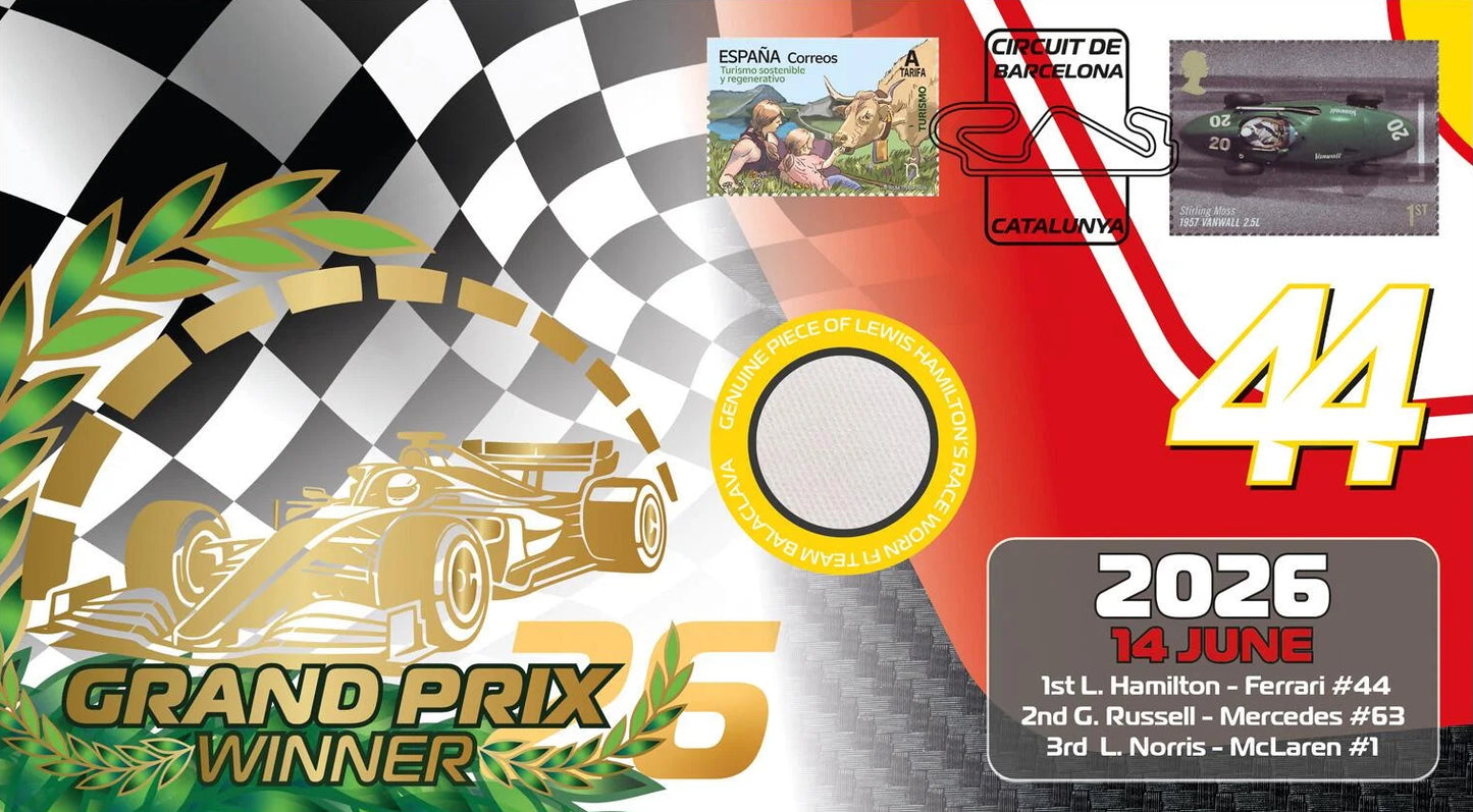 Lewis Hamilton, F1 Legend, Spanish Ferrari Victory, Encapsulated Race Worn Relic, Framed First Day Cover
