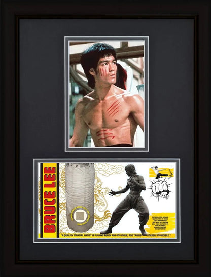 Bruce Lee; An Actual Piece Of His Used Kick Bag Relic FDC, Framed 40cm x 30cm, John Reznikoff COA