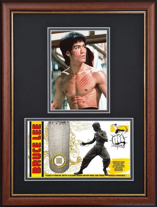 Bruce Lee; An Actual Piece Of His Used Kick Bag Relic FDC, Framed 40cm x 30cm, John Reznikoff COA