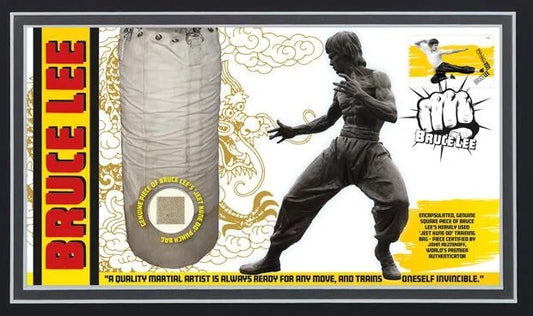 Bruce Lee, An Actual Bruce Lee Used Professionally Framed Kick Bag Relic Presentation & COA