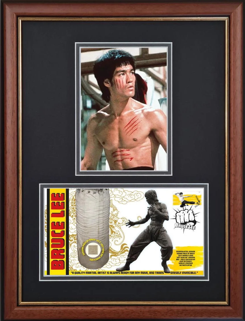 Bruce Lee, An Actual Bruce Lee Used Professionally Framed Kick Bag Relic Presentation & COA