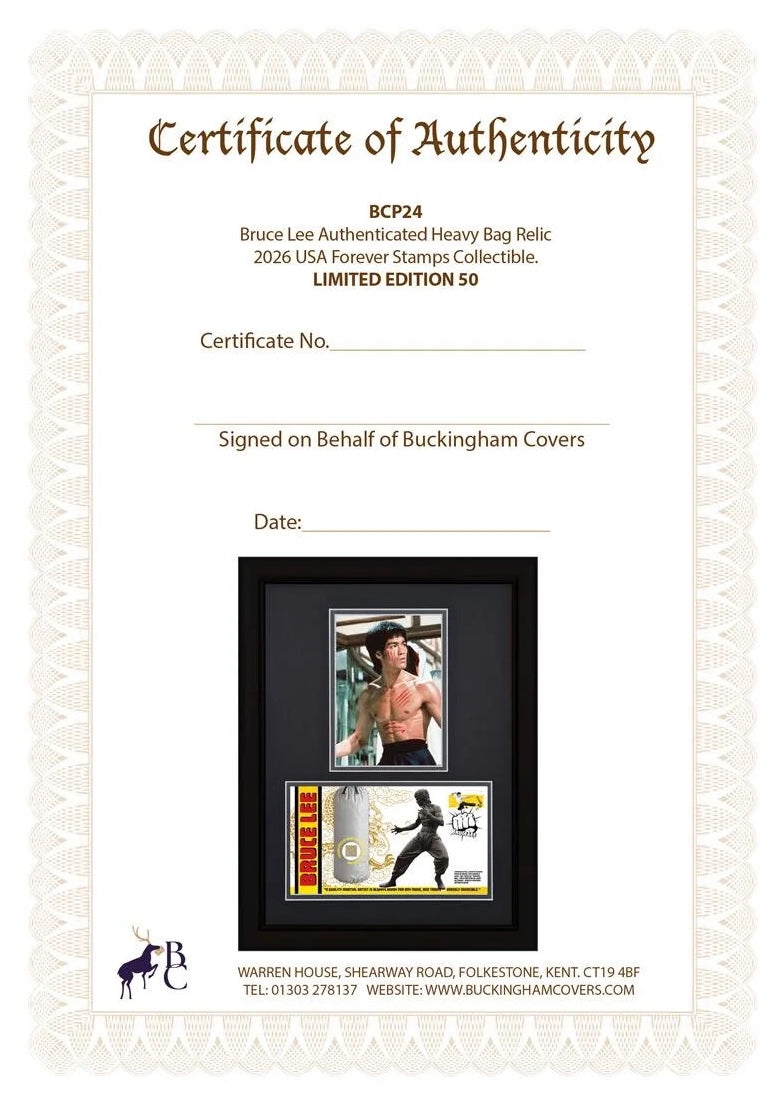 Bruce Lee; An Actual Piece Of His Used Kick Bag Relic FDC, Framed 40cm x 30cm, John Reznikoff COA