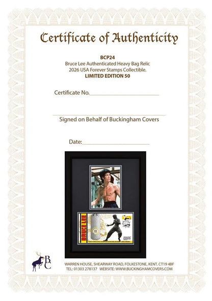 Bruce Lee; An Actual Piece Of His Used Kick Bag Relic FDC, Framed 40cm x 30cm, John Reznikoff COA