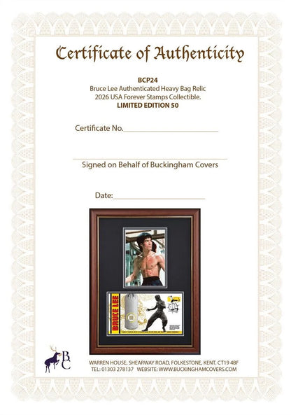 Bruce Lee; An Actual Piece Of His Used Kick Bag Relic FDC, Framed 40cm x 30cm, John Reznikoff COA