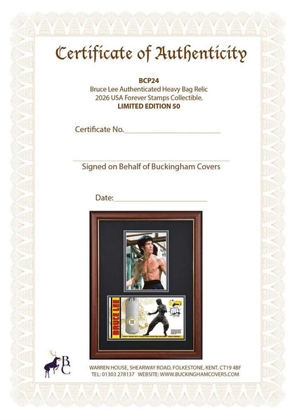 Bruce Lee, An Actual Bruce Lee Used Professionally Framed Kick Bag Relic Presentation & COA