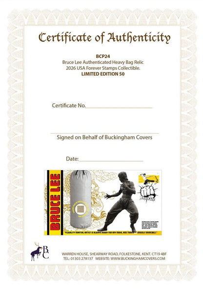 Bruce Lee; An Actual Piece Of His Used Kick Bag Relic FDC, Framed 40cm x 30cm, John Reznikoff COA