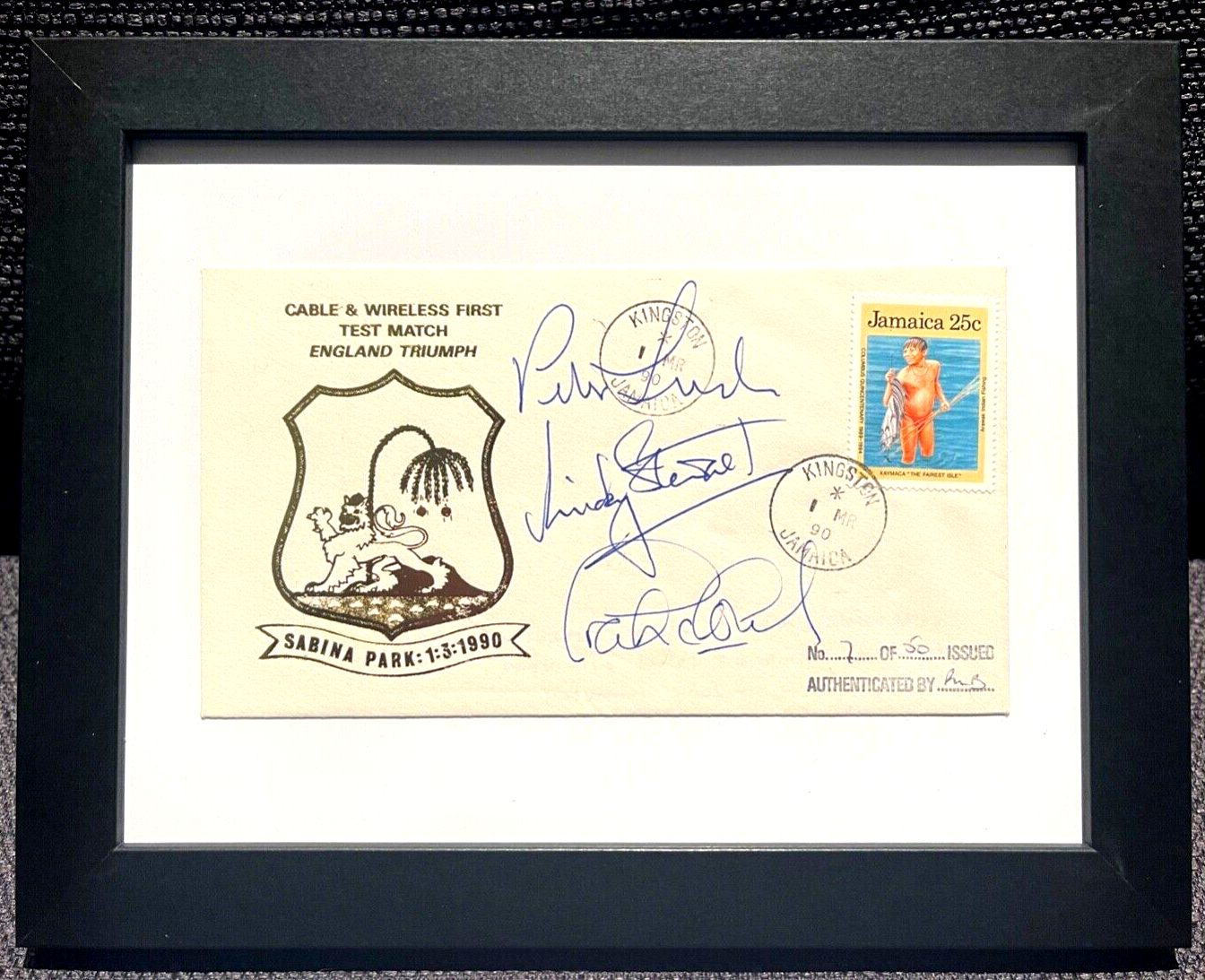 GRAHAM GOOCH, MICKEY STEWART, PETER LUSH HAND SIGNED FDC WITH COA