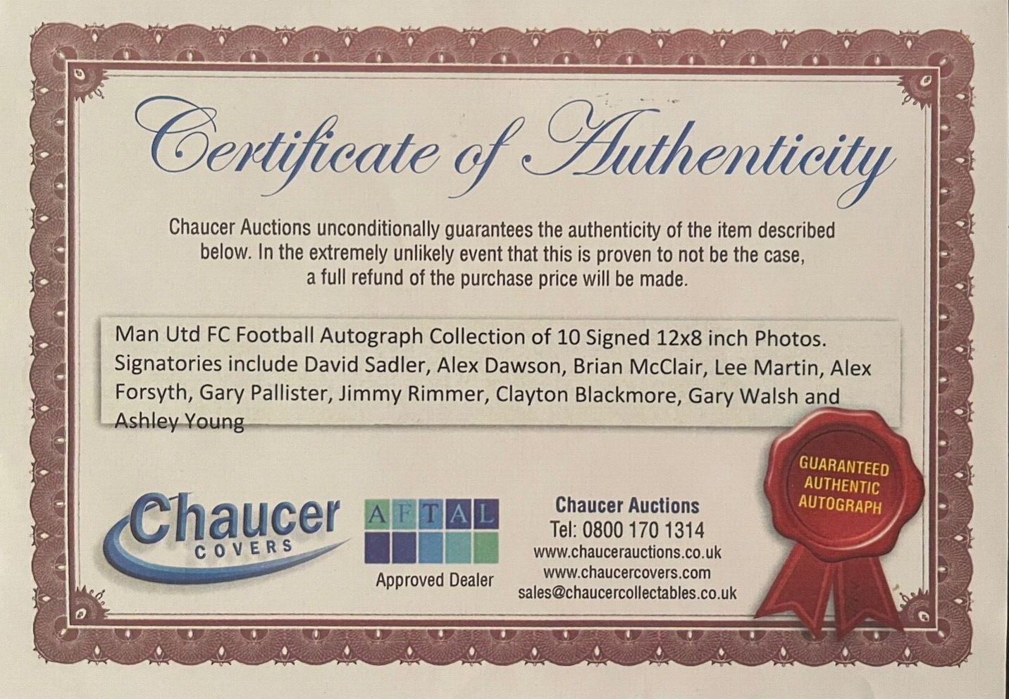 DAVID SADLER HAND SIGNED MANCHESTER UNITED PHOTO WITH AFTAL COA