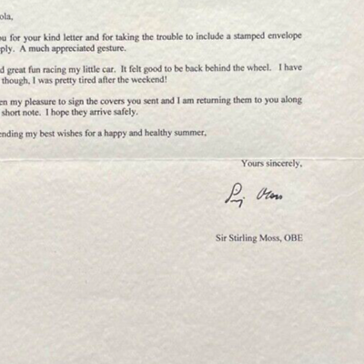 STIRLING MOSS FORMULA 1 HAND SIGNED LETTER WITH AFTAL COA